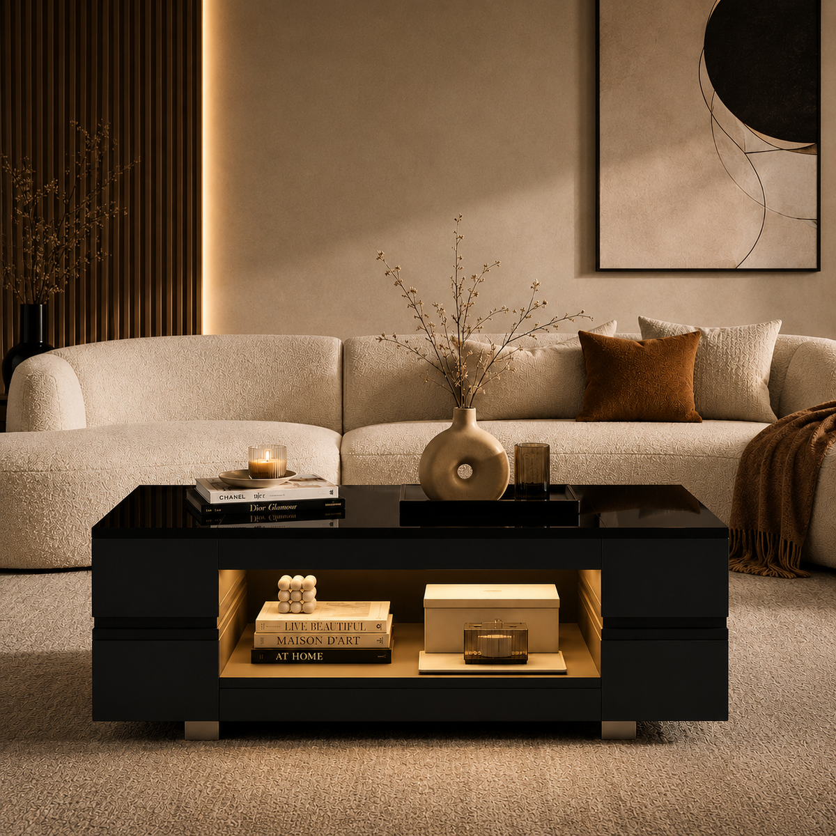 Table Basse Noir LED Design avec Verre – GABRIEL