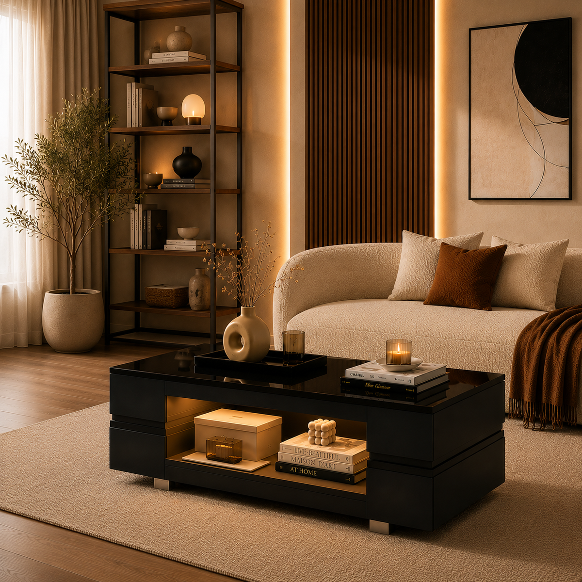 Table Basse Noir LED Design avec Verre – GABRIEL