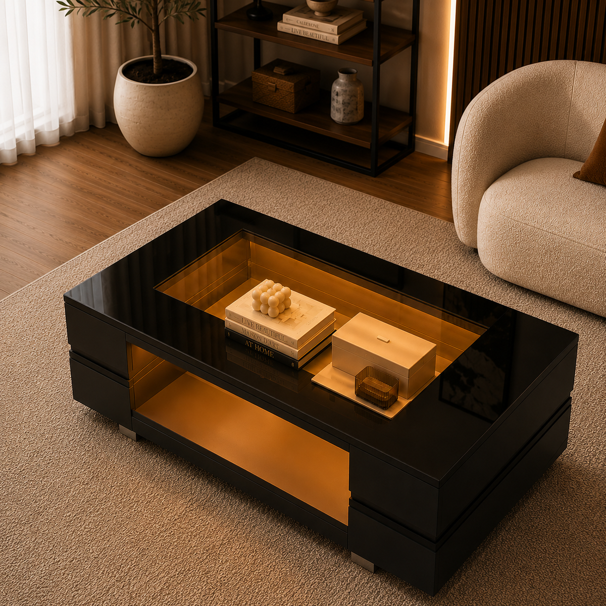 Table Basse Noir LED Design avec Verre – GABRIEL