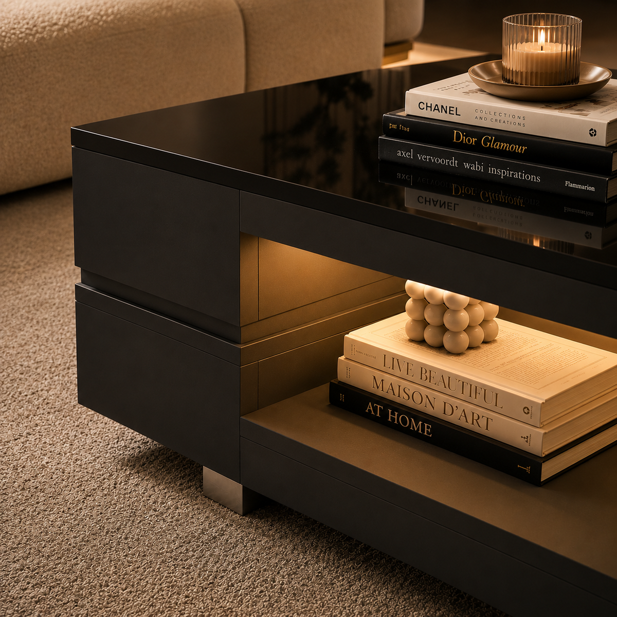 Table Basse Noir LED Design avec Verre – GABRIEL
