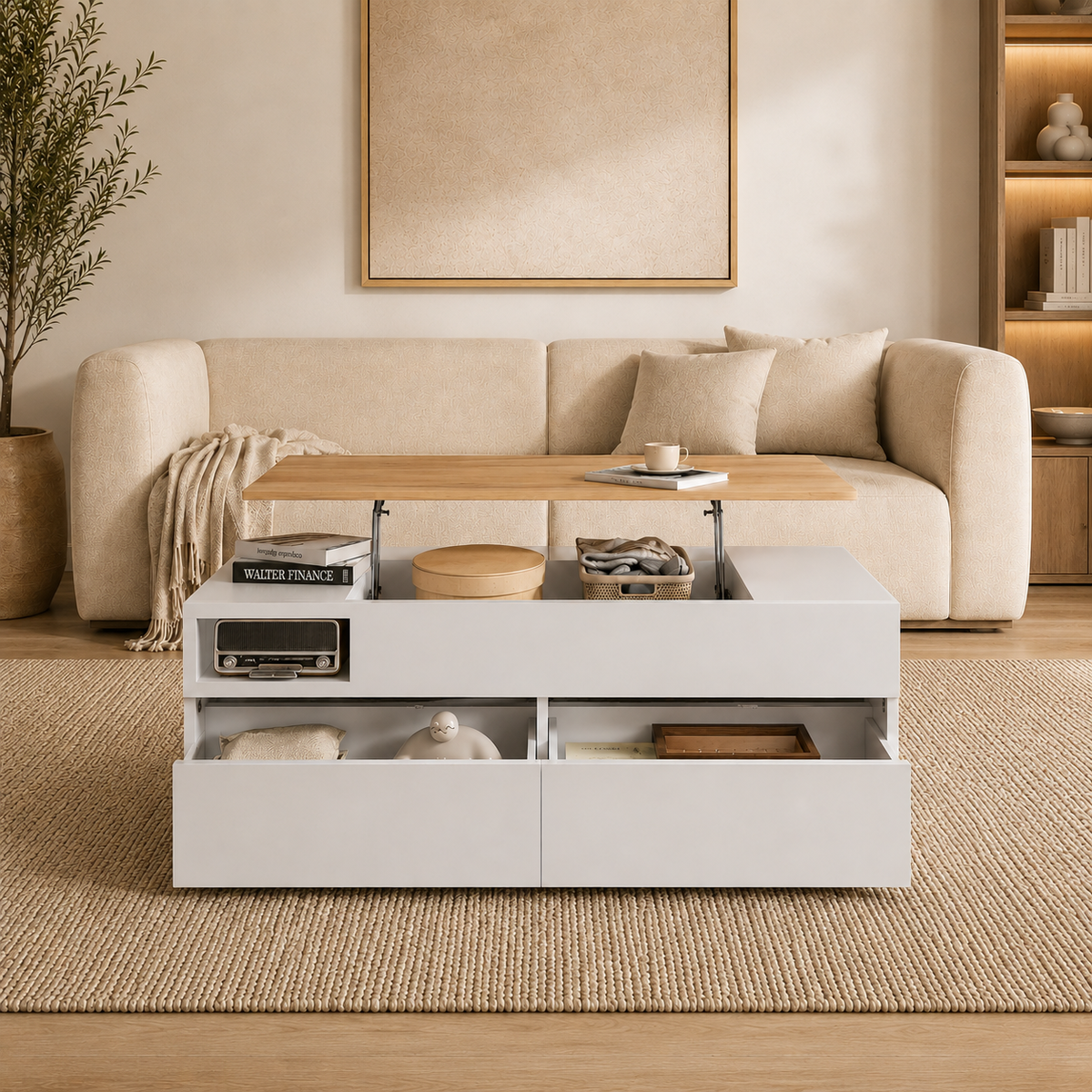 Table Basse Blanche et Bois Relevable – MAEL